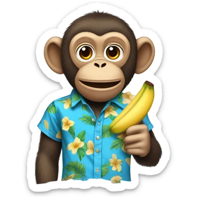 Monkey with a banana peel on head and a blue Hawaiian shirt eating a blue popsicle sticker