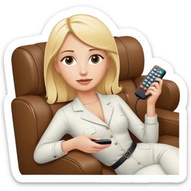 a blonde woman laying in a coach with a remote in her hand sticker
