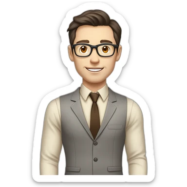 Pale skinned fit man with dark brown hair in gray jacket, beige office shirt, brown tie, brown pants and vintage glasses Writing on the marker board sticker