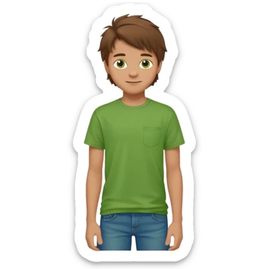 A 14 yerar old teenage boy, slightly tanned, wearing a green tshirt, blue jeans and green sneakers with brown tousled hair, smirking sticker