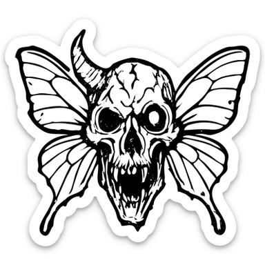 detailed red line art of nightmarish minotaur-stoat hybrid skull with broken horn and glowing eye, with moth wings, featuring mostly empty transparent center with detailed elements concentrated around the edges, heavily weathered perimeter with deliberate damage, hollow middle, twisted features, 100% red sticker