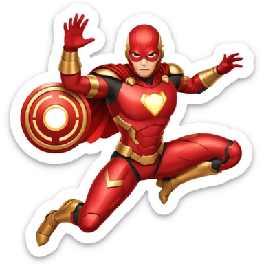 "A high-quality die-cut sticker of a tech-based armored superhero in a dynamic flying pose. Vibrant red and gold metallic plating, glowing circular chest piece, thick white border, flat vector art style, white background." sticker