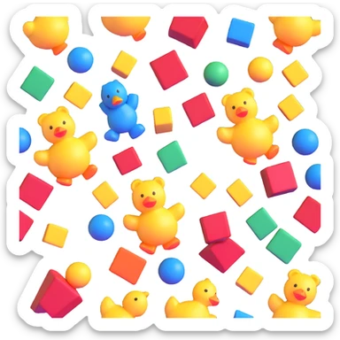 colorful scattered toys - teddy bear, rubber duck, blocks, ball, superhero figures sticker