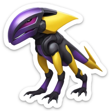 a shiny black-purple-yellow Genesect-Raptor-Fakémon—hybrid with a futuristic visor-helmet full bod sticker