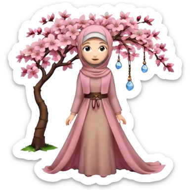 Turkish beautiful finish Konya girl blue eyes with hijab and floor length long tail cherry blossom design dress sticker