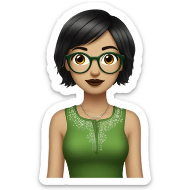 White skinny girl in a green kurta with flower design, glasses, alot of piercing, gay, red lips, nose ring, full body, short straight black edgar hair, black straight hair, front bangs sticker