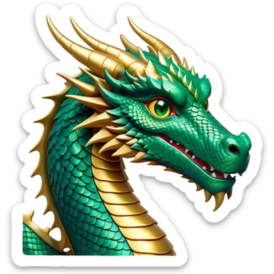 cinematic-noble-dragon-portrait-emoji,-poised-and-majestic,-with-a-sinuous,-elongated-body-covered-in-intricately-detailed,-shimmering-scales-in-hues-of-emerald-and-gold,-and-piercing,-fiery-eyes-that-reflect-ancient-wisdom; sticker