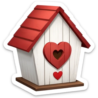 a birdhouse with a normal circular hole and a red roof with the rest white and a heart at the top but below the roof sticker