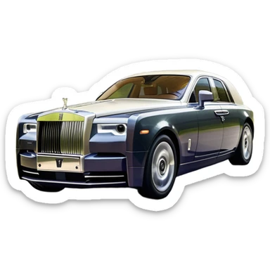 Rolls-Royce Phantom (2022) – cinematic-realistic Rolls-Royce Phantom emoji, its polished silver frame glistening under the sun as it glides down a winding, tree-lined road. The iconic Spirit of Ecstasy hood ornament stands proudly, the V12 engine hums silently  sticker