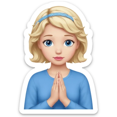 Girl Blonde short wavy hair,  blue eyes, cute blue top, long lashes, pink lips, praying hands sticker
