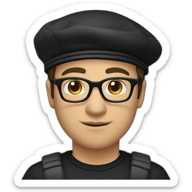 drummer, man, caucasian, black hair, wearing a black beret, glasses, and black t-shirt sticker