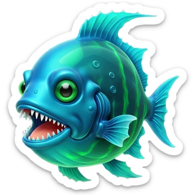 3D render of Anglerfish, bioluminescent deep sea style, glowing neon blue and green lights, dark background to contrast the glow, translucent organic textures, Apple emoji style, 3D render --v 6.0 sticker