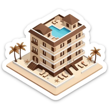 Isometric exterior brown and beige luxury beach resort hotel, dollhouse style 3D realistic  sticker