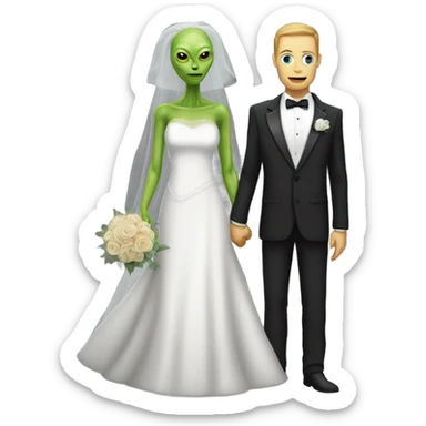 White humman man in a tuxedo holding, Alien reprilian woman in wedding dress, and one , hands getting married sticker