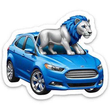 Stylized Ford car emoji with Detroit Lions branding, blue and silver paint, lion mascot on the side, energetic and dynamic look sticker
