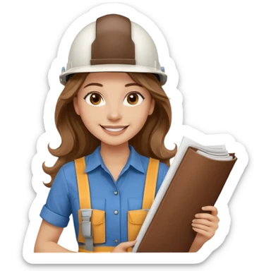 Waist-up female architect on white background. Long light brown wavy hair, middle part. Brown eyes, long lashes, smiling with braces. White helmet with BUT in brown. Holding rolled blueprints. Wearing chocolate Skims shirt in natural romantic style. sticker