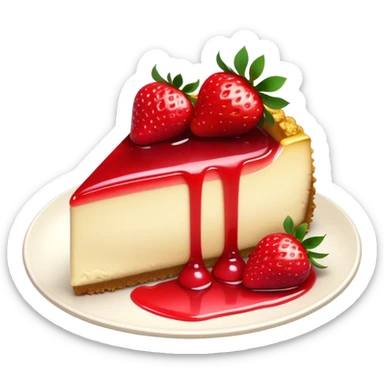 Cinematic creamy cheesecake, smooth and velvety, topped with fresh strawberries and a glossy fruit glaze, golden crumbly crust, beautifully plated, soft glowing background, indulgent and elegant. sticker