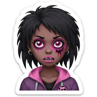 girl, zombie, black coily hair, medium long, emo, shaggy, dark, spooky, piercing on eyebrow, pink teeth, creepy blank expression sticker