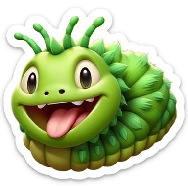 Cinematic Realistic Cute Yawning Caterpillar Portrait Emoji, Head tilted slightly with a dramatic, wide-open yawn, showcasing a soft, downy segmented body in vivid green with subtle drooping and half-closed, drowsy eyes, rendered with intricate natural texture and gentle shadows, high shine, relaxed yet expressive, styled with a dash of woodland charm, soft glowing outline, capturing the essence of a sleepy yet affectionate caterpillar that appears ready to stretch out and rest among the leaves! sticker