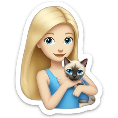 blonde girl with blue eyes petting a siamese cat sticker