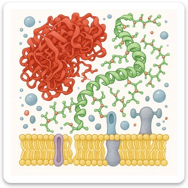 Ultra-realistic scientific illustration of enzymatic starch digestion at the cellular level, rendered in textbook-accurate detail. Show:

Multiple amylase enzyme molecules (red, with clear tertiary structure showing alpha-helices and beta-sheets) actively cleaving
Starch polymers (green amylose/amylopectin with accurate glucose unit linkages - α(1→4) and α(1→6) branches)
Cell membrane segment (yellow phospholipid bilayer with integral proteins and cholesterol molecules)
Reaction environment (blue water molecules, ionic interactions, pH-sensitive groups)
Molecular interactions (hydrogen bonds, substrate-enzyme transition state, electron cloud textures)
Technical Specifications:

Style: Nature Journal-quality structural biology visualization
Lighting: Cryo-EM-like isosurface rendering with subtle ambient occlusion
Perspective: 150,000x magnification view
Background: Pure white (#FFFFFF)
Accuracy: PDB-level structural correctness (reference 1SMD for amylase)
Exclusions: No labels, no cartoon simplifications
Special Details to Include:

Catalytic triad (Asp197, Glu233, Asp300) in amylase active site
Starch helix distortion during hydrolysis
Membrane protein channels for glucose transport sticker