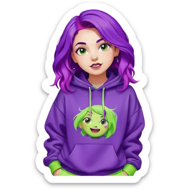 A half-body portrait of a girl with bright purple hair styled in loose waves. She’s wearing a trendy, oversized neon green hoodie with graphic prints, paired with bold, chunky sneakers. Her expression is playful and full of energy, with a vibrant, colorful background sticker
