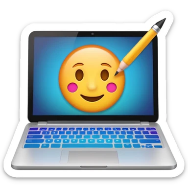 blog emoji stylized as a laptop with a glowing screen and a pen, friendly and digital sticker