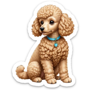 cinematic-[poodle]-realistic-full-body-sitting-emoji,-tail-resting-loosely-beside-its-paws,-head-tilted-dramatically, -curly-[apricot]-fur,-simplified-yet-realistic-focused-features,-highly-detailed,-glowing-with-an-almost-sarcastic-glow sticker