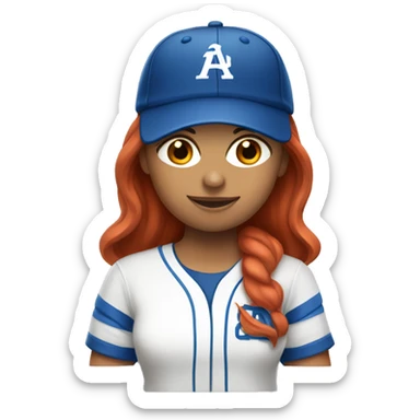 front facing, standing female coach with long red hair, wearing a white t-shirt and a simple blue baseball hat sticker