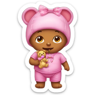 i need a FULLY PINK crocodile emoji with a baby pacifier in his mouth and a bow on his head. he also holds a teddy bear in his paws sticker