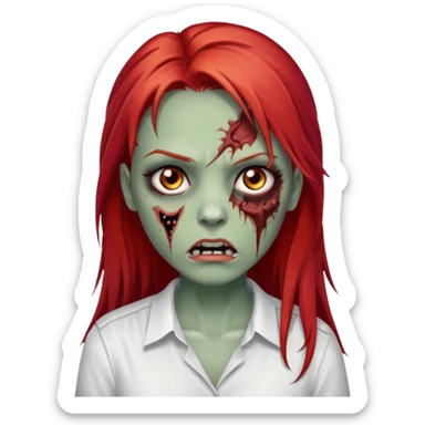 I want to draw a zombie woman, with a scar on her mouth and some bruises on her face, long, straight red hair, and black eyes. She'll be wearing a white shirt. sticker