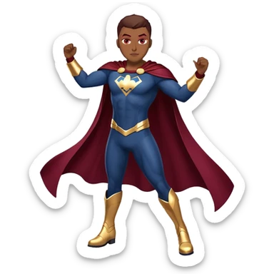 superhero in dark blue and maroon bodysuit with gold accents, digital cape, maroon boots, dynamic pose sticker