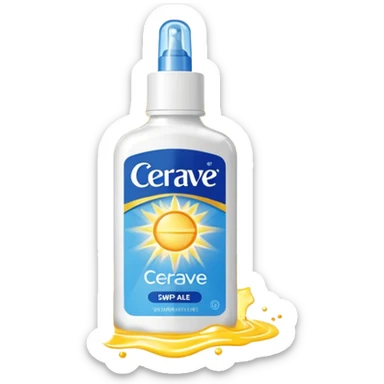 White CeraVe pump bottle with blue label and bright yellow  glow badge. Floating in golden morning light, encircled by radiant sunbeams and shimmering protective particles. Shield Glossy, potion-like, symbolizing daily moisture and powerful sun defense. sticker