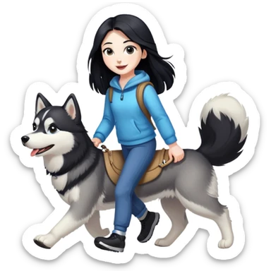 A girl with long black hair walks a husky sticker