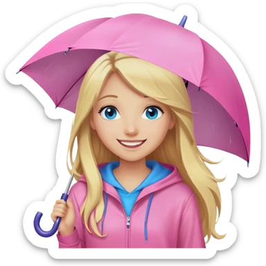 Cinematic realistic emojis in the form of a blonde girl with a joyful smile, long hair, blue eyes, wearing a pink hoodie, holding an umbrella over her from the rain sticker