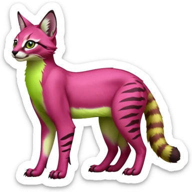 Colorful dark pink lime-green tropical exotic cute cool beautiful shiny beautiful fantasy-caracal-civet-genet-sergal-vernid-serval-Gryphon-Cacomistle-Trico-oncilla-animal-Fakémon-hybrid-fursona (full body) sticker