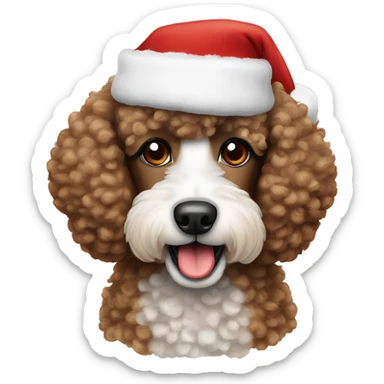Brown and white Poodle wearing a Santa hat sticker
