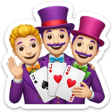 3 poker cards, with crazy colorful human jolly jokers inside, puppeteers sticker