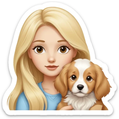 Pretty blonde girl with long hair and long eyelashes and a cavalier puppy, a golden retriever puppy, and a Great Pyrenees sticker