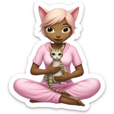 a Reptilian alien woman,in meditation, in pink pajamas, hugs a tabby cat sticker