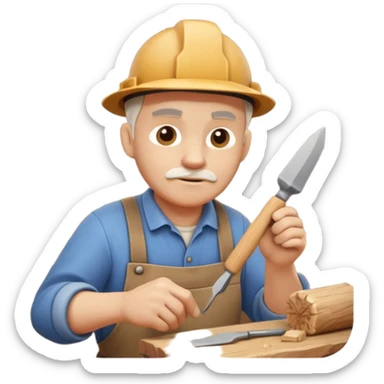 wood carving carpenter portrait, head and shoulders only, carving wooden figure with chisel, wood shavings visible, focused craftsman expression, artisan workshop vibe, 3D cartoon style, mobile game icon style, clean background, no text, no watermark
 sticker