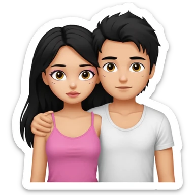 generate a pretty tan bratz boy with messy black hair wearing a white tshirt. Hugging a fair girl with long black hair, eyeliner, wearing a pink cami.  sticker