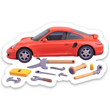 icon of a Porsche luxury car with a clearly visible dent or damage on the bodywork, with bodywork reconstruction tools like a lever, small hammer, and repair equipment positioned to show active repair, elegant and modern sticker