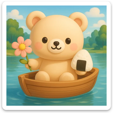 A cute bear in a wooden boat holding a flower and a rice ball with a background. sticker