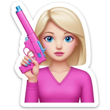 White Girl hand pink nails holding pink gun with blue eyes sticker