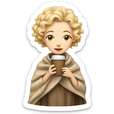 Blonde short hair curly girl inside a blanket sipping coffee eyes closed sticker