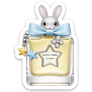 Create an emoji of a clear perfume bottle labeled ‘Perfect Marc Jacobs’ with a silver cap topped with fun charms: a silver star, white bow, yellow ring, blue rabbit, and domino tile. Soft pastel colors, cute and playful style sticker