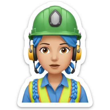 surprised construction worker blue braided haired woman wearing green helmet and headphones sticker