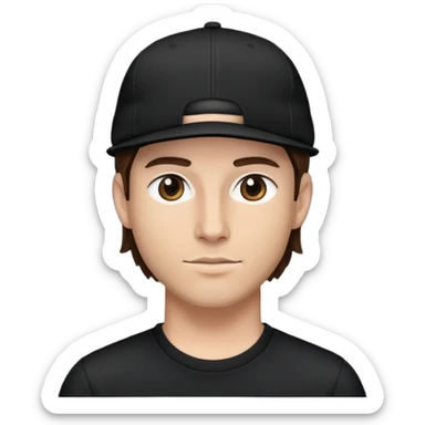 a white bro with brunette hair, wearing a black cap and a black shirt sticker