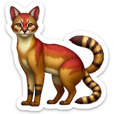 Dark gloomy red-golden-brownish-beige-gradients colorful painted marked patterned Asian glorious divine exotic cute cool beautiful shiny beautiful fantasy-caracal-civet-genet-sergal-vernid-Cacomistle-oncilla-animal-Fakémon-hybrid-fursona (full body) sticker